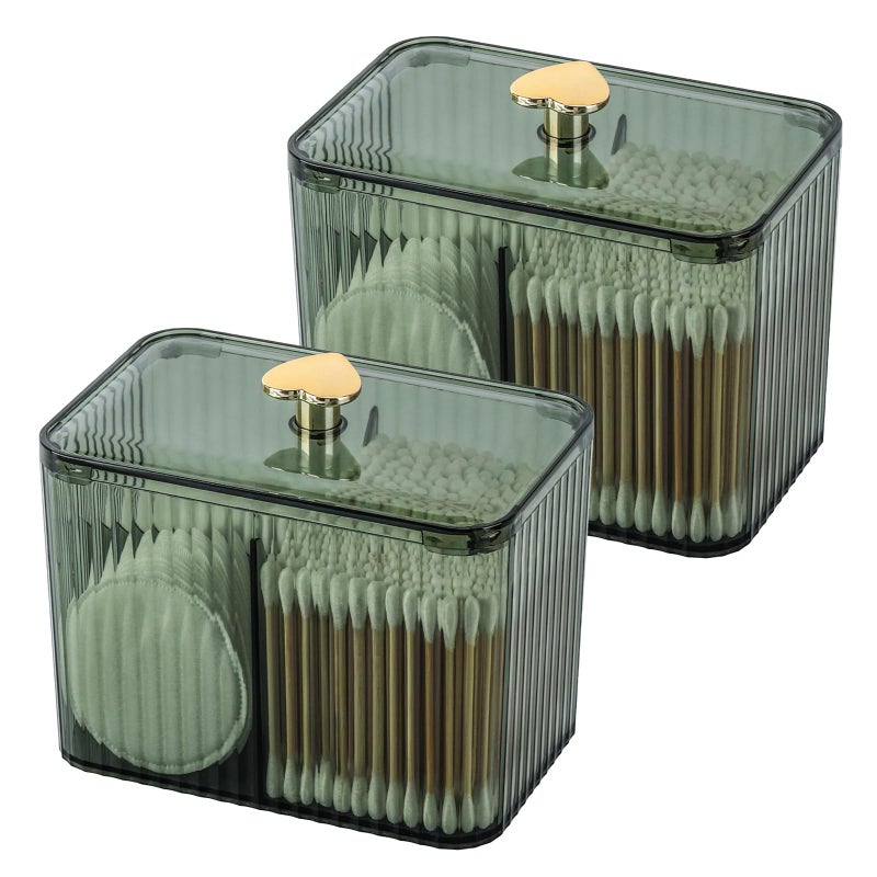 تي بيست ماكس موزع حامل Tbestmax Qtip، 3 أقسام، مرطبان منظم للحمام الشفاف، 3 شبكات، مسحة قطنية/وسادة/حامل كروي، حاوية تخزين مستحضرات التجميل للزينة (عبوتان باللون الأخضر) - Image 1